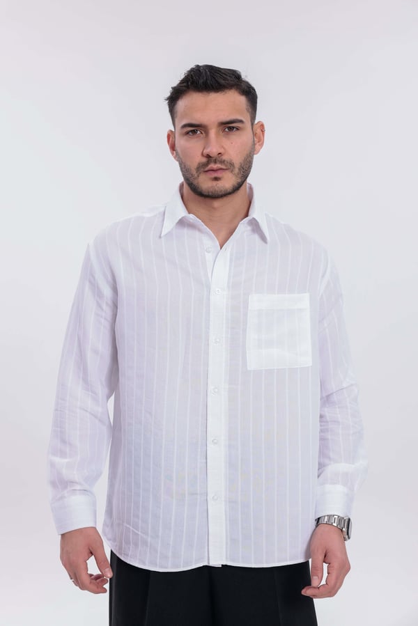 Oversize Çizgili Modal Gömlek Beyaz