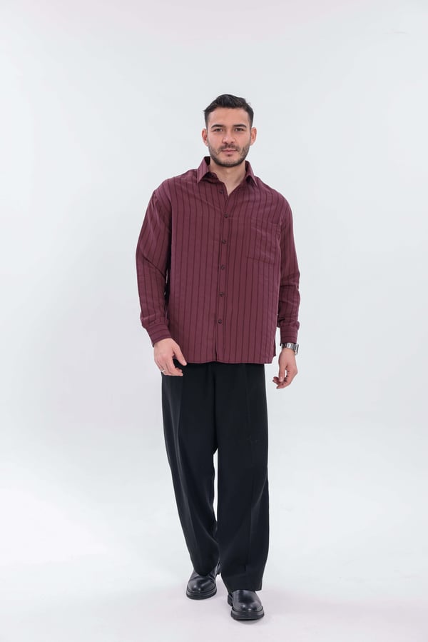 Oversize Çizgili Modal Gömlek Bordo