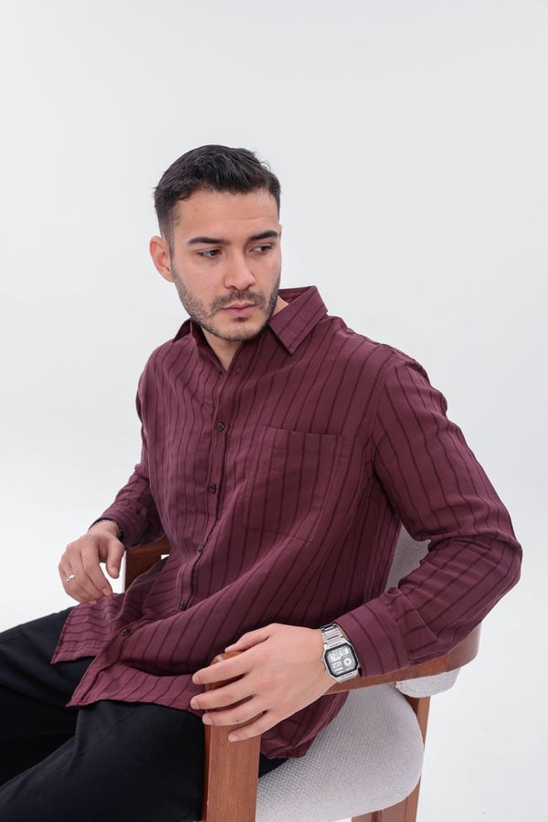 Oversize Çizgili Modal Gömlek Bordo