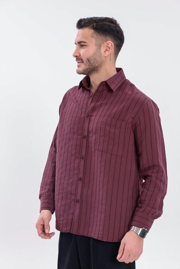 Oversize Çizgili Modal Gömlek Bordo