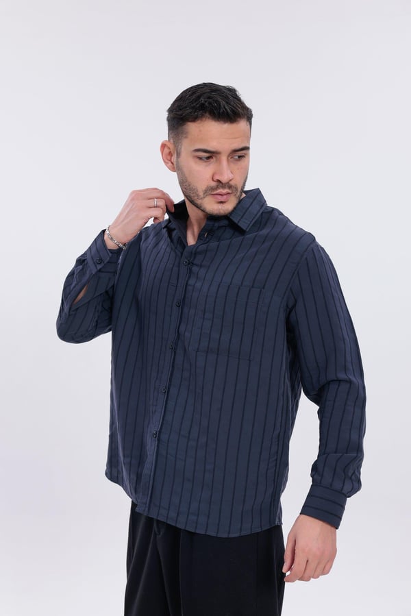 Oversize Çizgili Modal Gömlek Lacivert