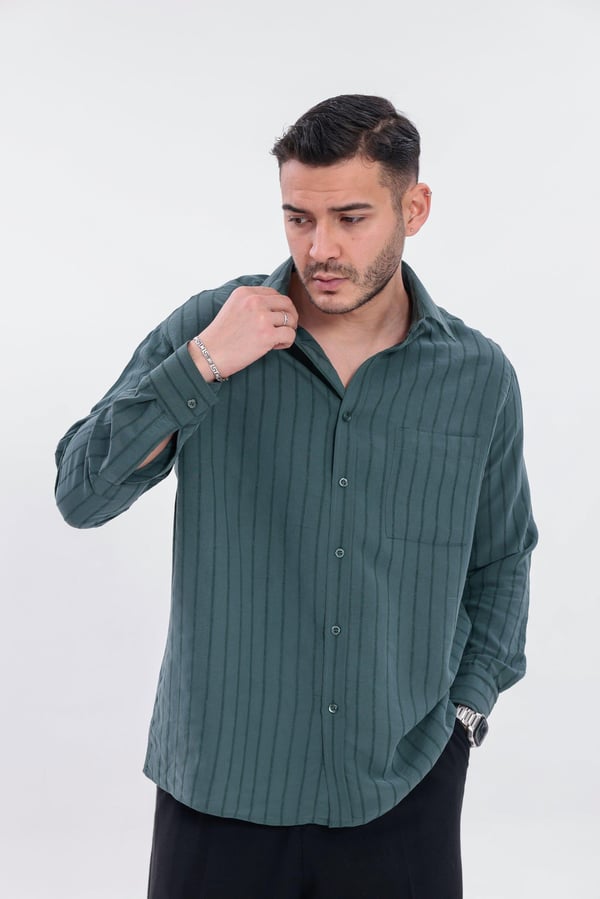 Oversize Çizgili Modal Gömlek Yeşil