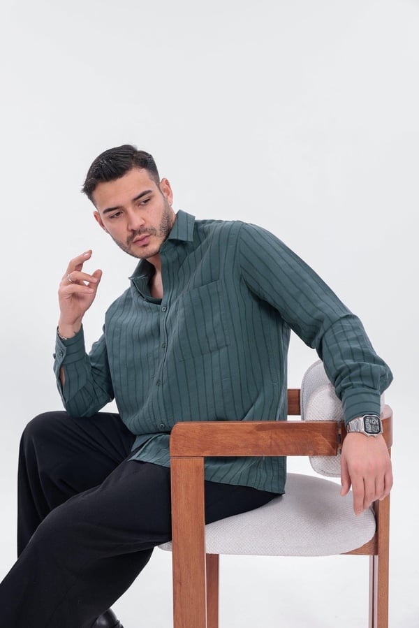 Oversize Çizgili Modal Gömlek Yeşil