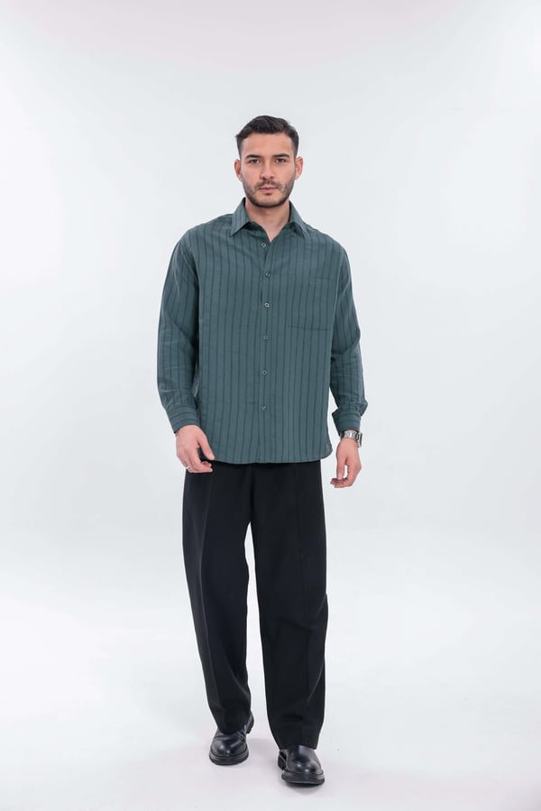 Oversize Çizgili Modal Gömlek Yeşil