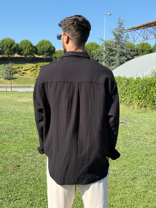 Oversize Yırtmaçlı Müslin Gömlek Siyah