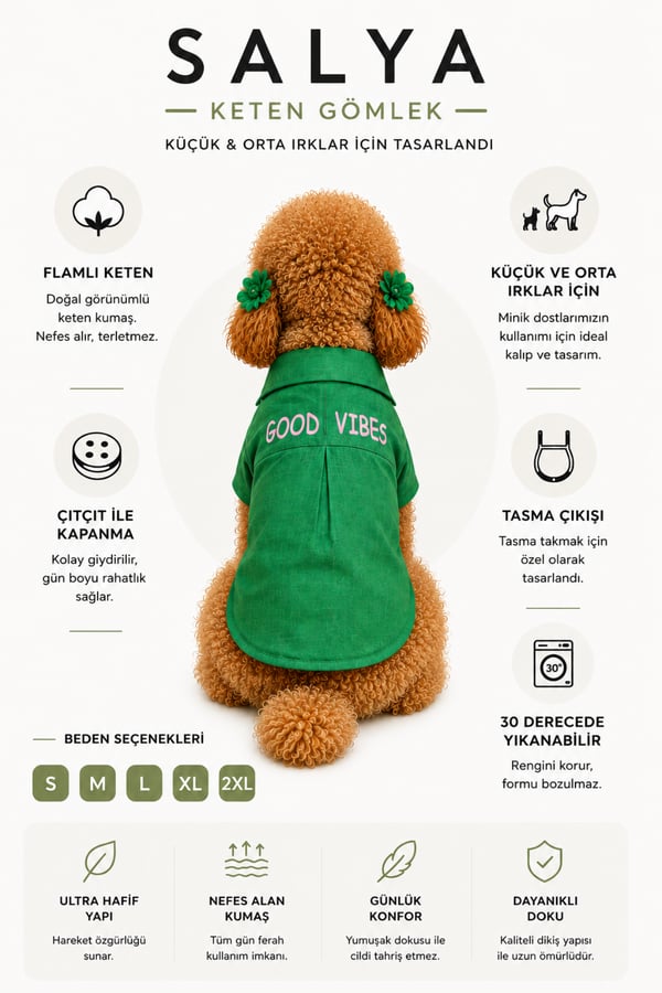 Salya Store Good Vibes- Yeşil Keten Yazlık Köpek Gömleği Küçük Irklar 0-15kg Kk-131