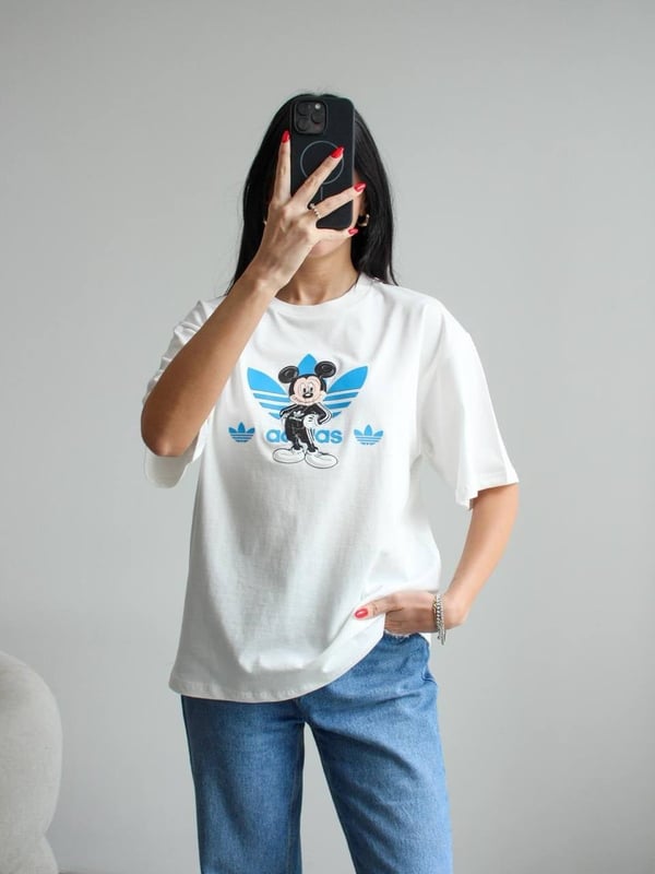 ADİDS Mickey Mouse Detaylı Oversize Basic T-Shirt - BEYAZ