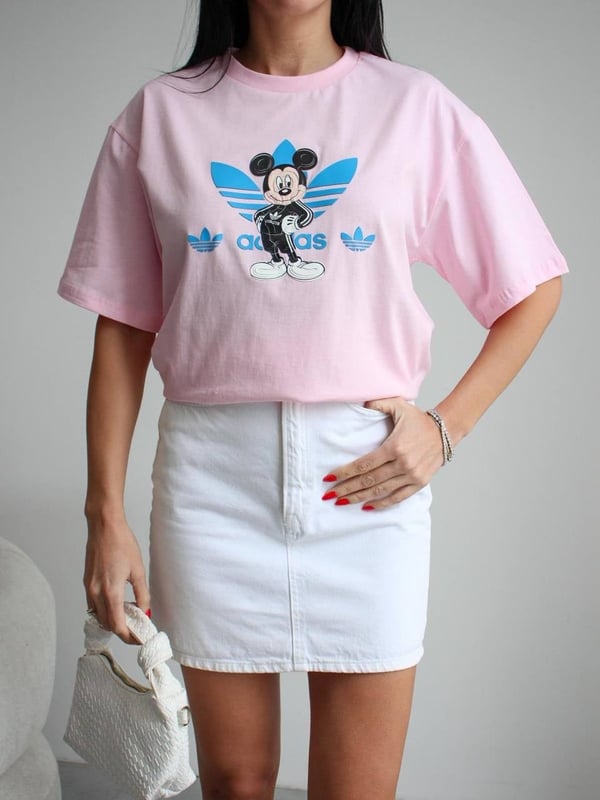 ADİDS Mickey Mouse Detaylı Oversize Basic T-Shirt - PEMBE