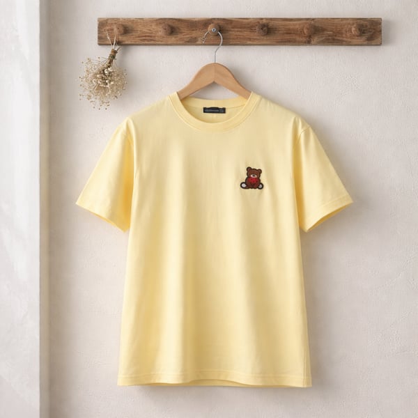 Oversize Basic T-Shirt Ayıcık Nakışlı  - SARI 