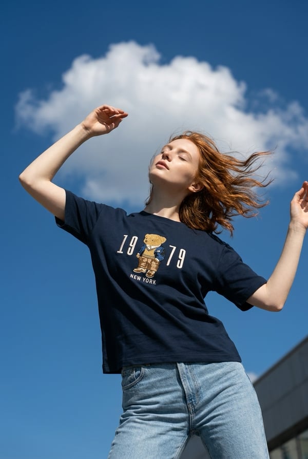 Oversize Basic T-Shirt Ayıcık Nakışlı  - LACİVERT
