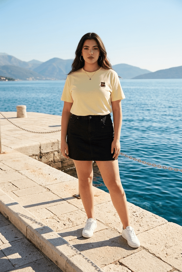 Oversize Basic T-Shirt Ayıcık Nakışlı  - SARI 
