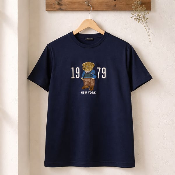 Oversize Basic T-Shirt Ayıcık Nakışlı  - LACİVERT