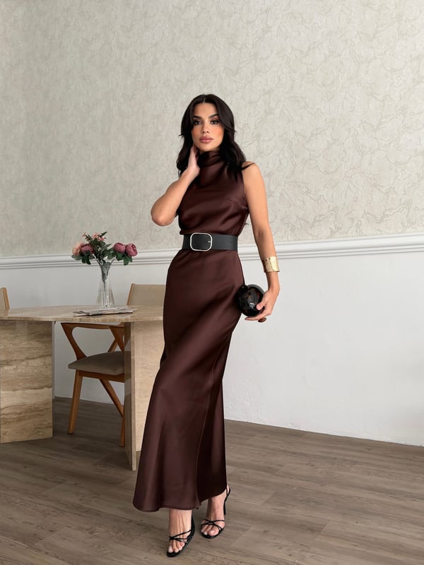 25Y0560 KADIN DEGAJE KEMERLİ KOLSUZ ELBİSE