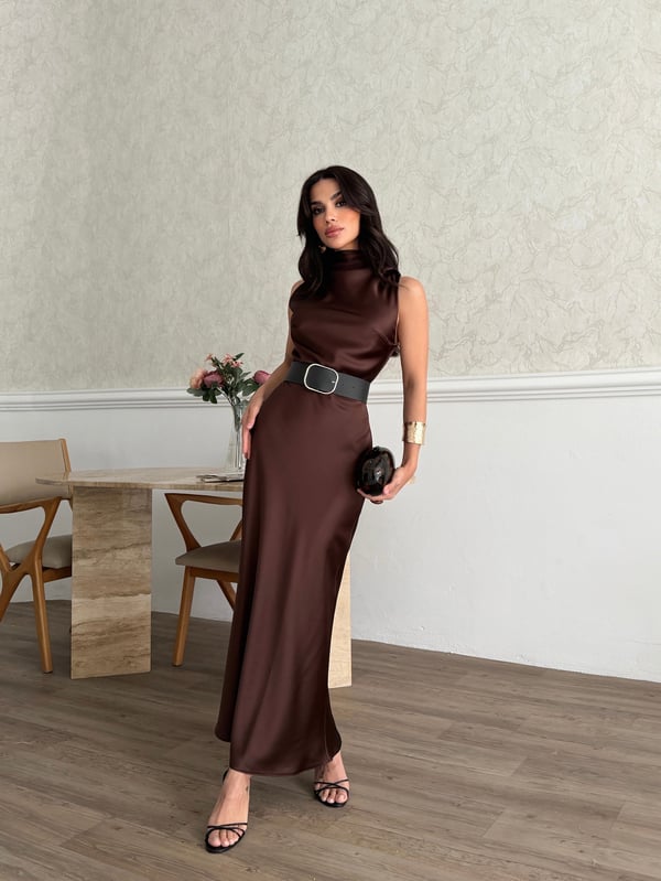25Y0560 KADIN DEGAJE KEMERLİ KOLSUZ ELBİSE