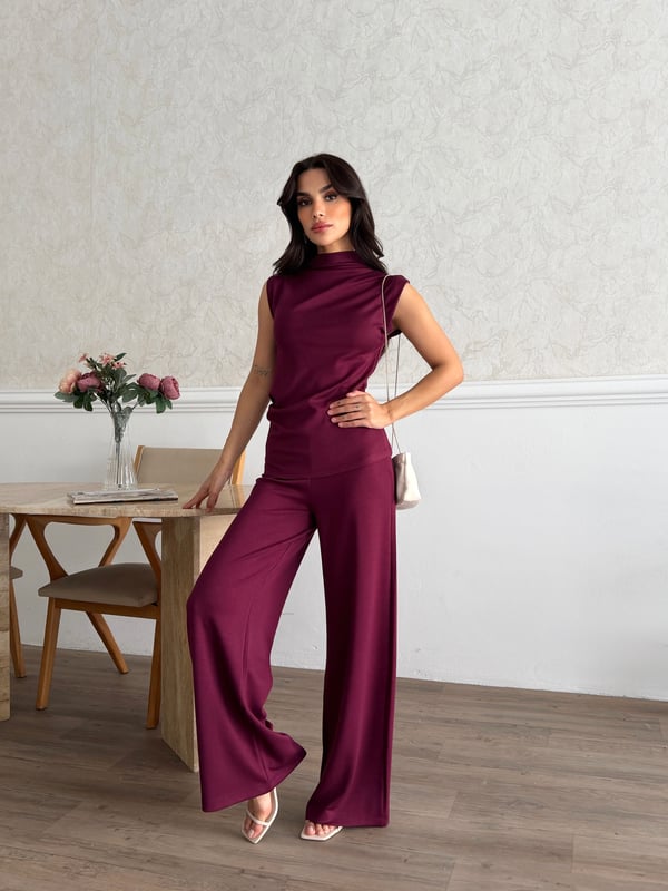 26KT0690A-B KADIN ÖRME OMUZ VE BEL PİLE DETAYLI BLUZ&PANTOLON TAKIM 