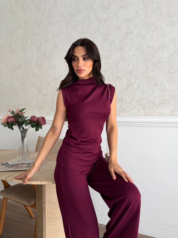 26KT0690A-B KADIN ÖRME OMUZ VE BEL PİLE DETAYLI BLUZ&PANTOLON TAKIM 
