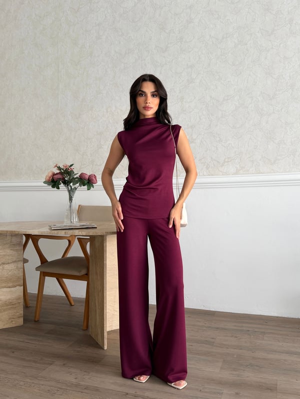 26KT0690A-B KADIN ÖRME OMUZ VE BEL PİLE DETAYLI BLUZ&PANTOLON TAKIM 