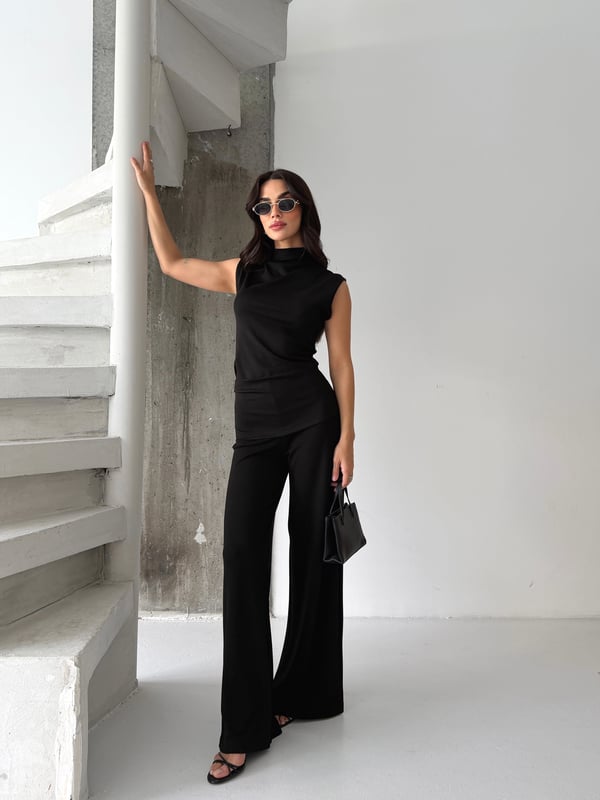 26KT0690A-B KADIN ÖRME OMUZ VE BEL PİLE DETAYLI BLUZ&PANTOLON TAKIM 