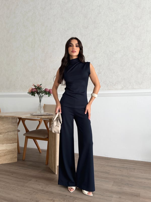 26KT0690A-B KADIN ÖRME OMUZ VE BEL PİLE DETAYLI BLUZ&PANTOLON TAKIM 