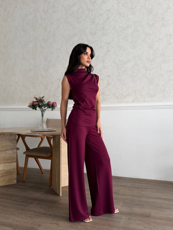 26KT0690A-B KADIN ÖRME OMUZ VE BEL PİLE DETAYLI BLUZ&PANTOLON TAKIM 