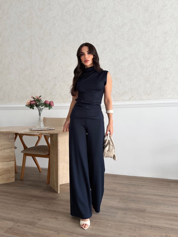 26KT0690A-B KADIN ÖRME OMUZ VE BEL PİLE DETAYLI BLUZ&PANTOLON TAKIM 