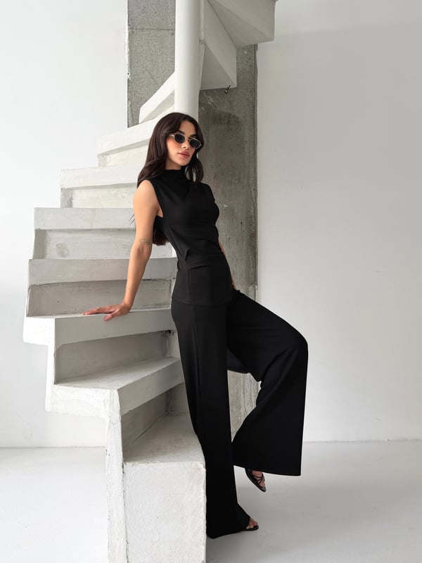 26KT0690A-B KADIN ÖRME OMUZ VE BEL PİLE DETAYLI BLUZ&PANTOLON TAKIM 