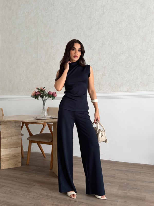 26KT0690A-B KADIN ÖRME OMUZ VE BEL PİLE DETAYLI BLUZ&PANTOLON TAKIM 
