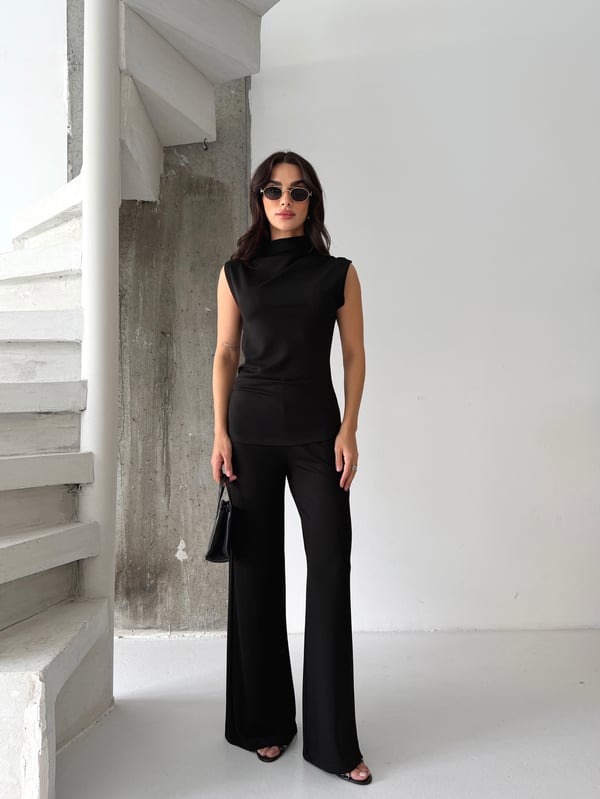 26KT0690A-B KADIN ÖRME OMUZ VE BEL PİLE DETAYLI BLUZ&PANTOLON TAKIM 