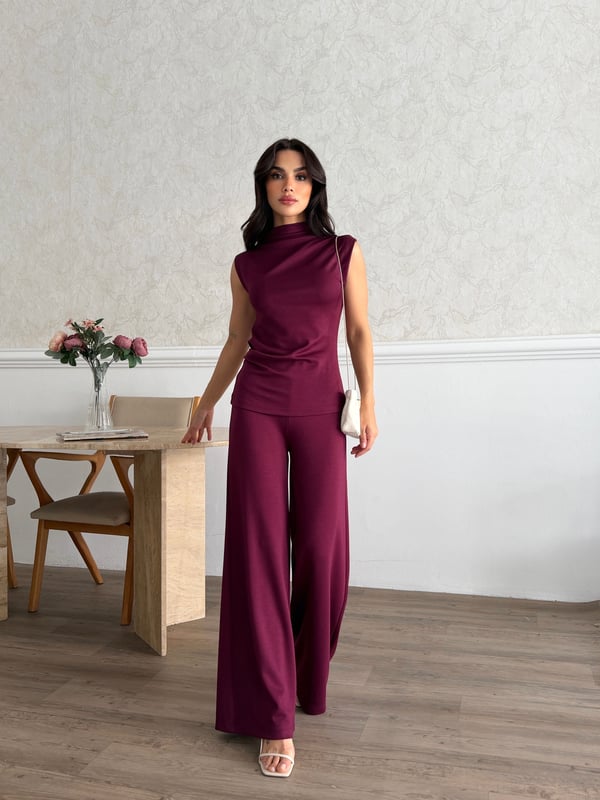 26KT0690A-B KADIN ÖRME OMUZ VE BEL PİLE DETAYLI BLUZ&PANTOLON TAKIM 