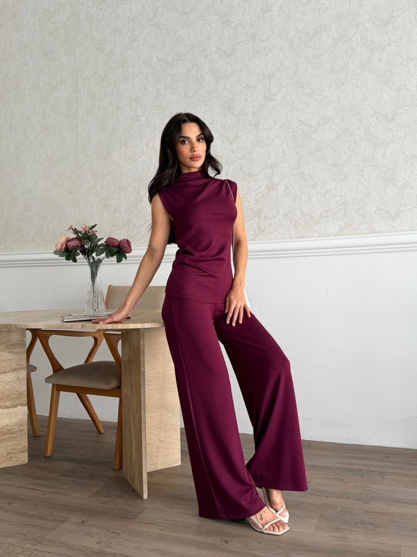 26KT0690A-B KADIN ÖRME OMUZ VE BEL PİLE DETAYLI BLUZ&PANTOLON TAKIM 