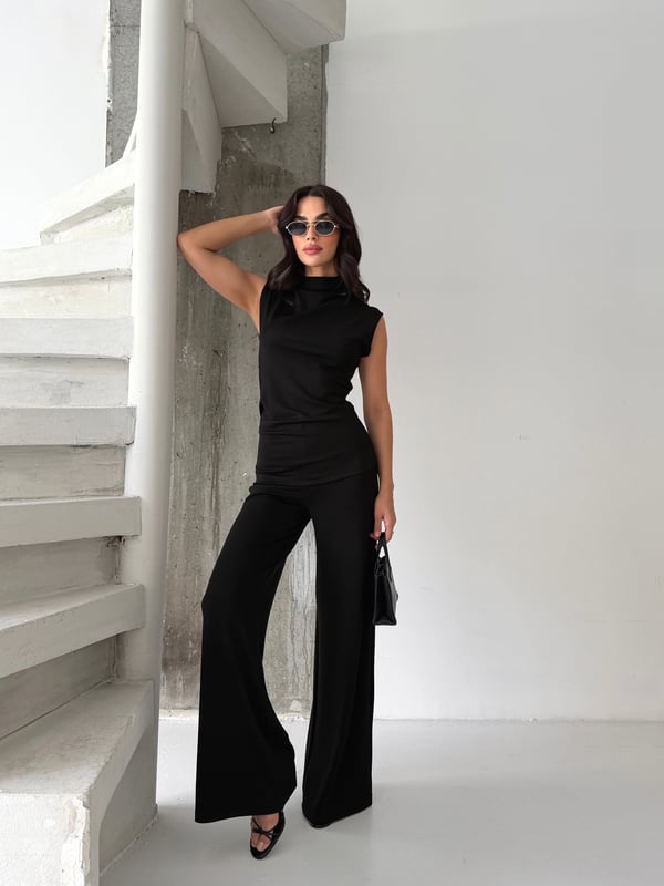 26KT0690A-B KADIN ÖRME OMUZ VE BEL PİLE DETAYLI BLUZ&PANTOLON TAKIM 