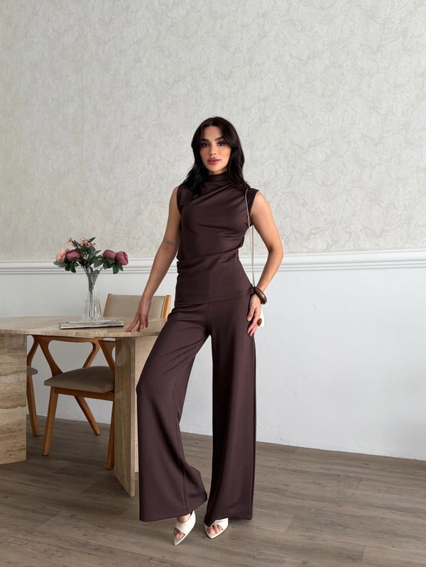 26KT0690A-B KADIN ÖRME OMUZ VE BEL PİLE DETAYLI BLUZ&PANTOLON TAKIM 