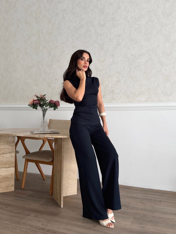 26KT0690A-B KADIN ÖRME OMUZ VE BEL PİLE DETAYLI BLUZ&PANTOLON TAKIM 