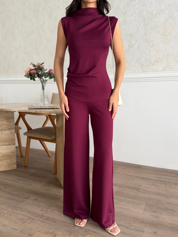 26KT0690A-B KADIN ÖRME OMUZ VE BEL PİLE DETAYLI BLUZ&PANTOLON TAKIM 