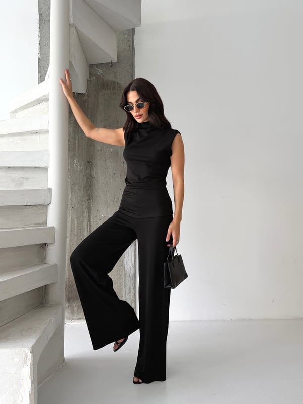26KT0690A-B KADIN ÖRME OMUZ VE BEL PİLE DETAYLI BLUZ&PANTOLON TAKIM 