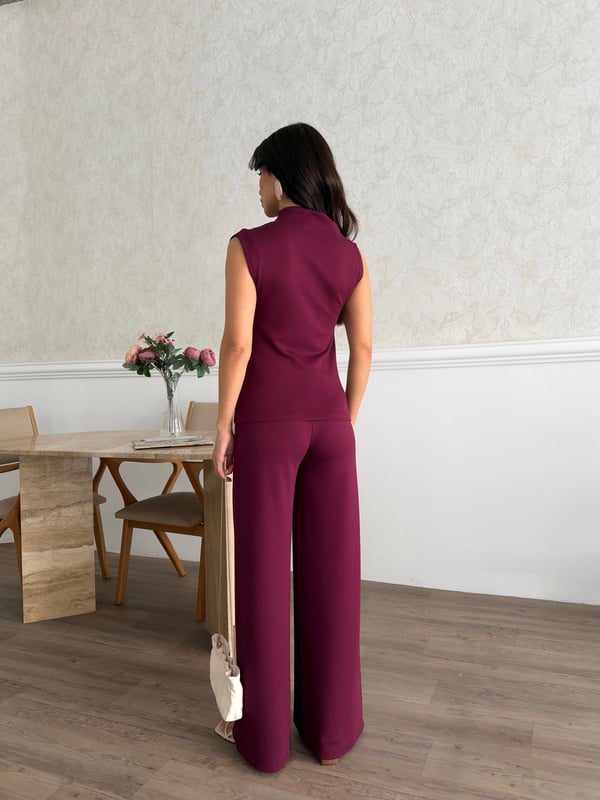 26KT0690A-B KADIN ÖRME OMUZ VE BEL PİLE DETAYLI BLUZ&PANTOLON TAKIM 