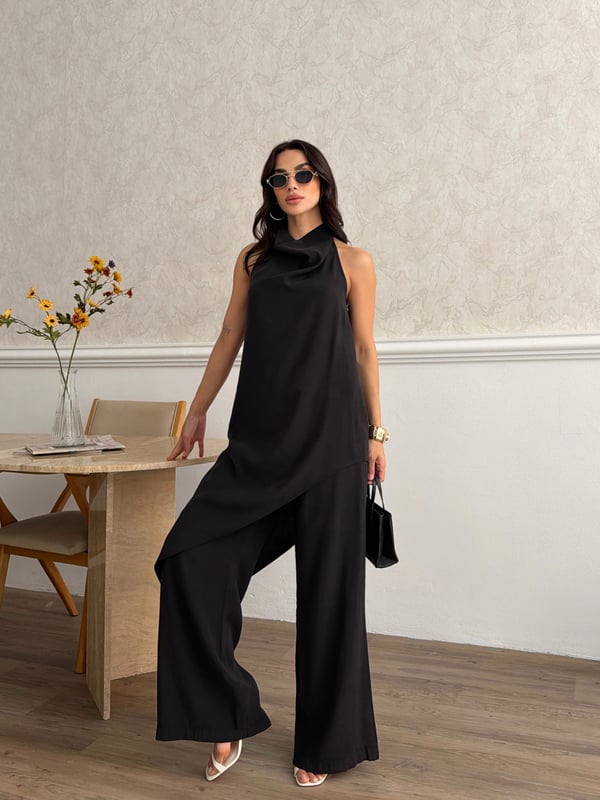 26KT0691A-B DEGAJE YAKA ASİMETRİK BLUZ&PANTOLON TAKIM 