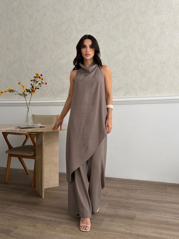 26KT0691A-B DEGAJE YAKA ASİMETRİK BLUZ&PANTOLON TAKIM 