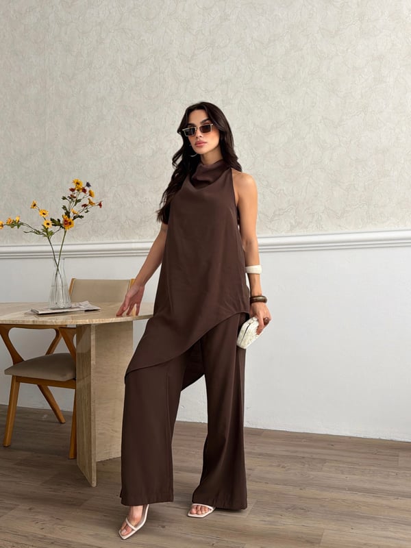 26KT0691A-B DEGAJE YAKA ASİMETRİK BLUZ&PANTOLON TAKIM 