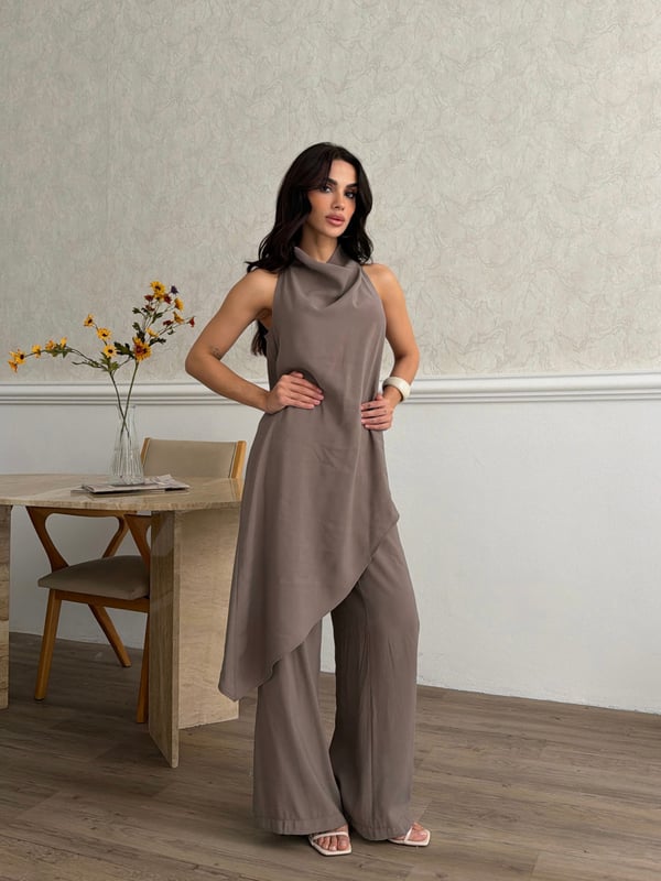 26KT0691A-B DEGAJE YAKA ASİMETRİK BLUZ&PANTOLON TAKIM 