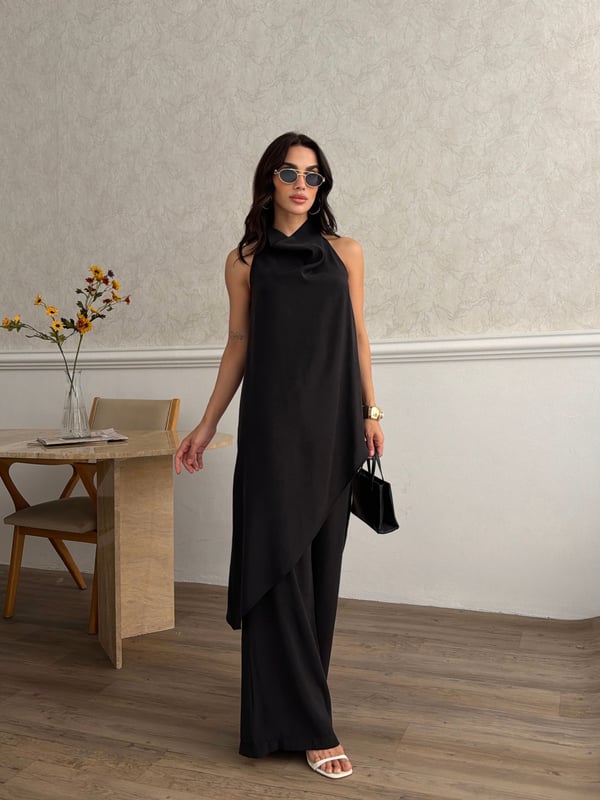 26KT0691A-B DEGAJE YAKA ASİMETRİK BLUZ&PANTOLON TAKIM 