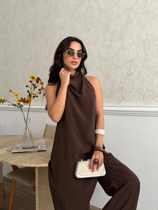 26KT0691A-B DEGAJE YAKA ASİMETRİK BLUZ&PANTOLON TAKIM 