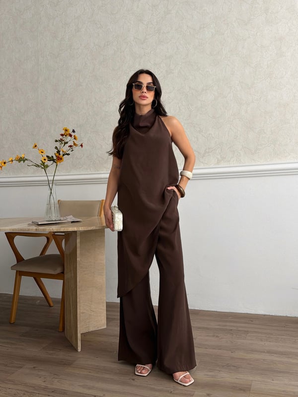26KT0691A-B DEGAJE YAKA ASİMETRİK BLUZ&PANTOLON TAKIM 