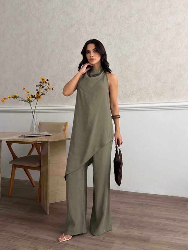 26KT0691A-B DEGAJE YAKA ASİMETRİK BLUZ&PANTOLON TAKIM 