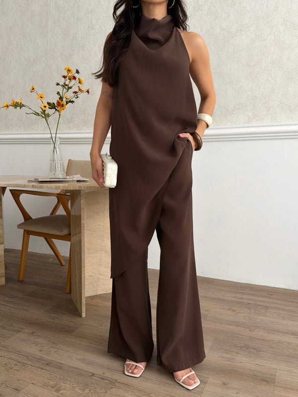 26KT0691A-B DEGAJE YAKA ASİMETRİK BLUZ&PANTOLON TAKIM 