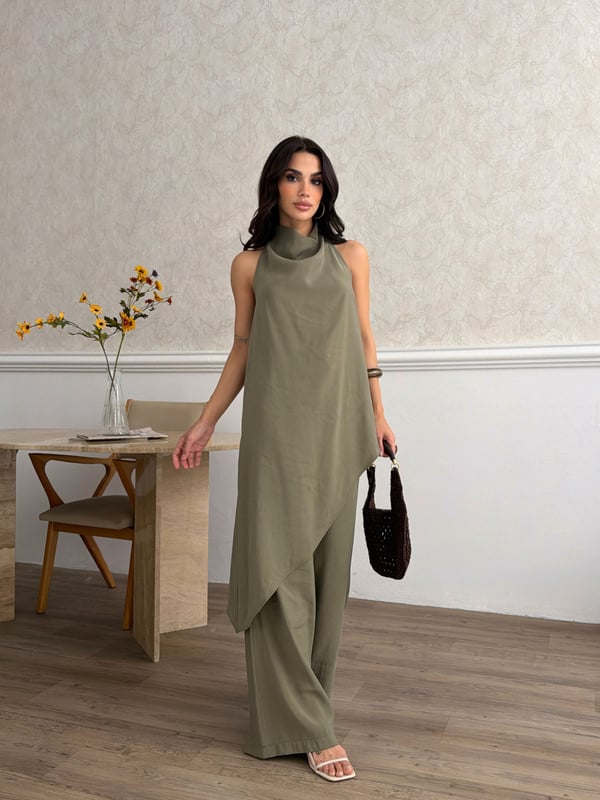 26KT0691A-B DEGAJE YAKA ASİMETRİK BLUZ&PANTOLON TAKIM 