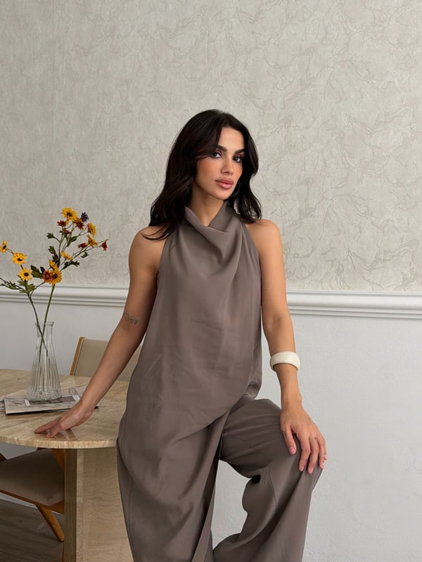 26KT0691A-B DEGAJE YAKA ASİMETRİK BLUZ&PANTOLON TAKIM 