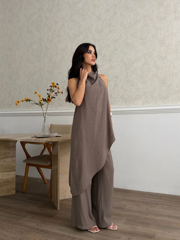 26KT0691A-B DEGAJE YAKA ASİMETRİK BLUZ&PANTOLON TAKIM 