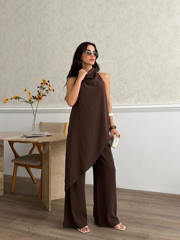 26KT0691A-B DEGAJE YAKA ASİMETRİK BLUZ&PANTOLON TAKIM 