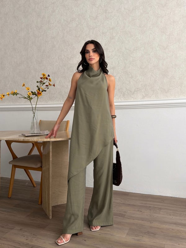 26KT0691A-B DEGAJE YAKA ASİMETRİK BLUZ&PANTOLON TAKIM 